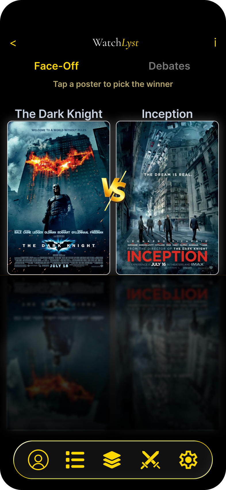The WatchLyst Face-Off screen with two film posters side by side
