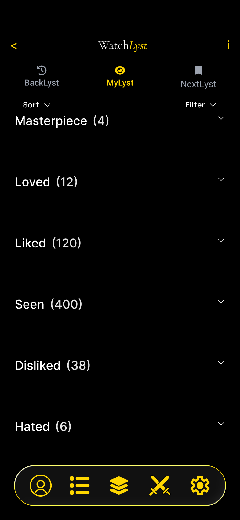 The WatchLyst MyLyst screen showing films sorted by tier