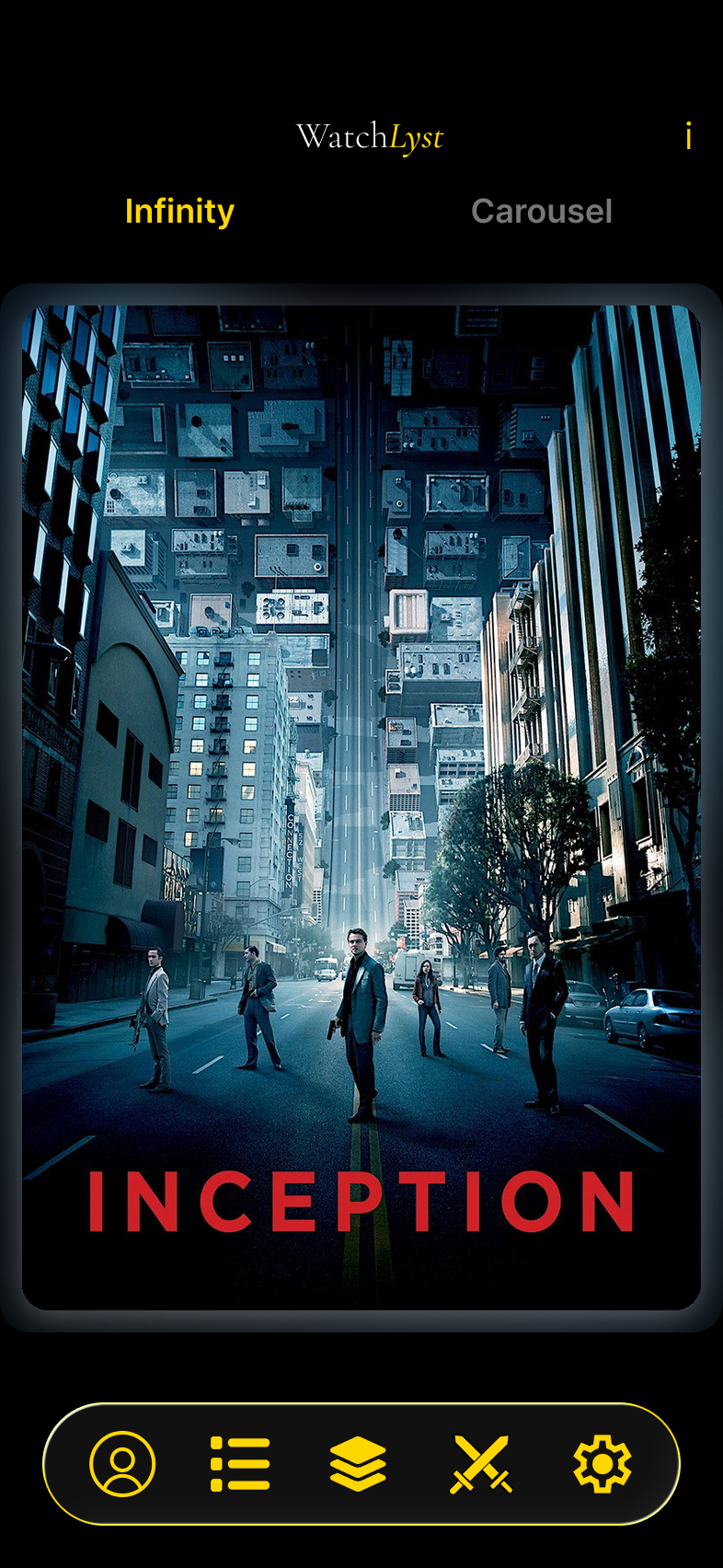 The WatchLyst swipe screen showing a film poster